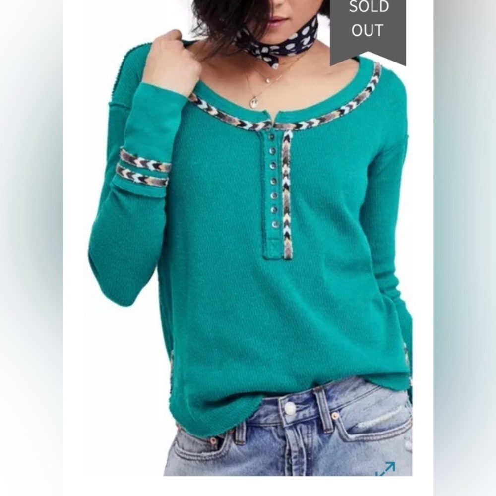 Free People|| Rainbow Thermal Long Sleeve W/ Embroidery. Worn Once, Gre… - Picture 2 of 11